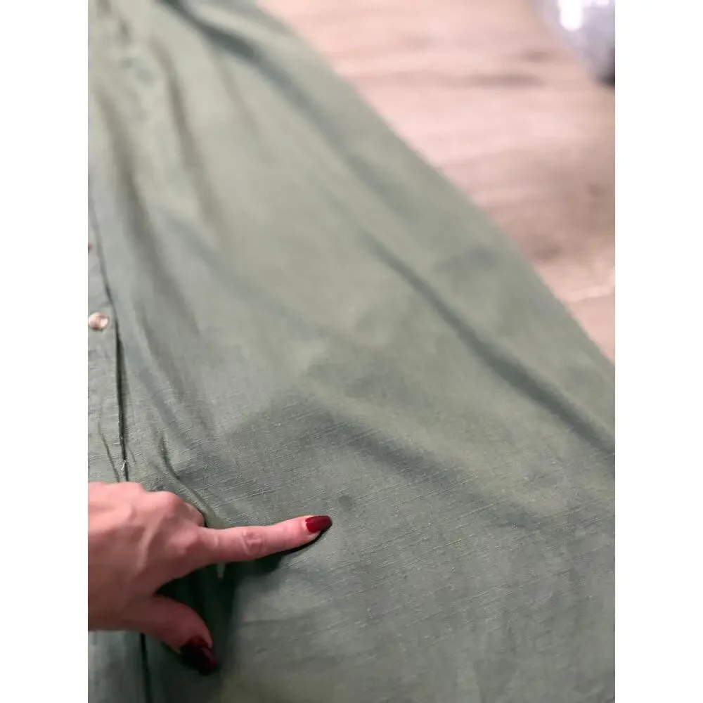 &Merci Sage Green Linen Midi Button Front Peasant‎ Dress Large Fit Flare Casual - Picture 13 of 14